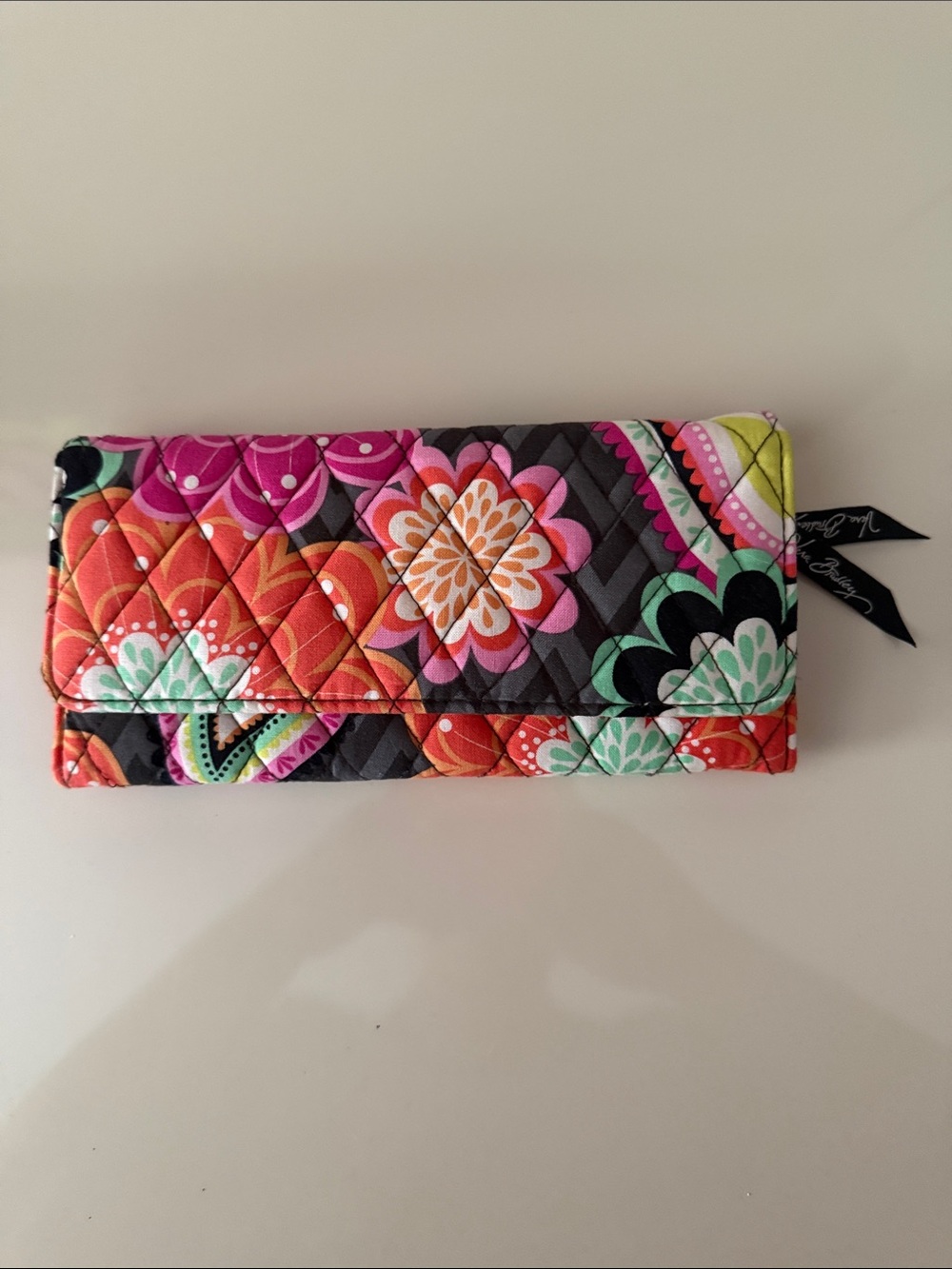 Vera Bradley Quilted Floral Foldover Wallet - Orange Pink Green Black , never us